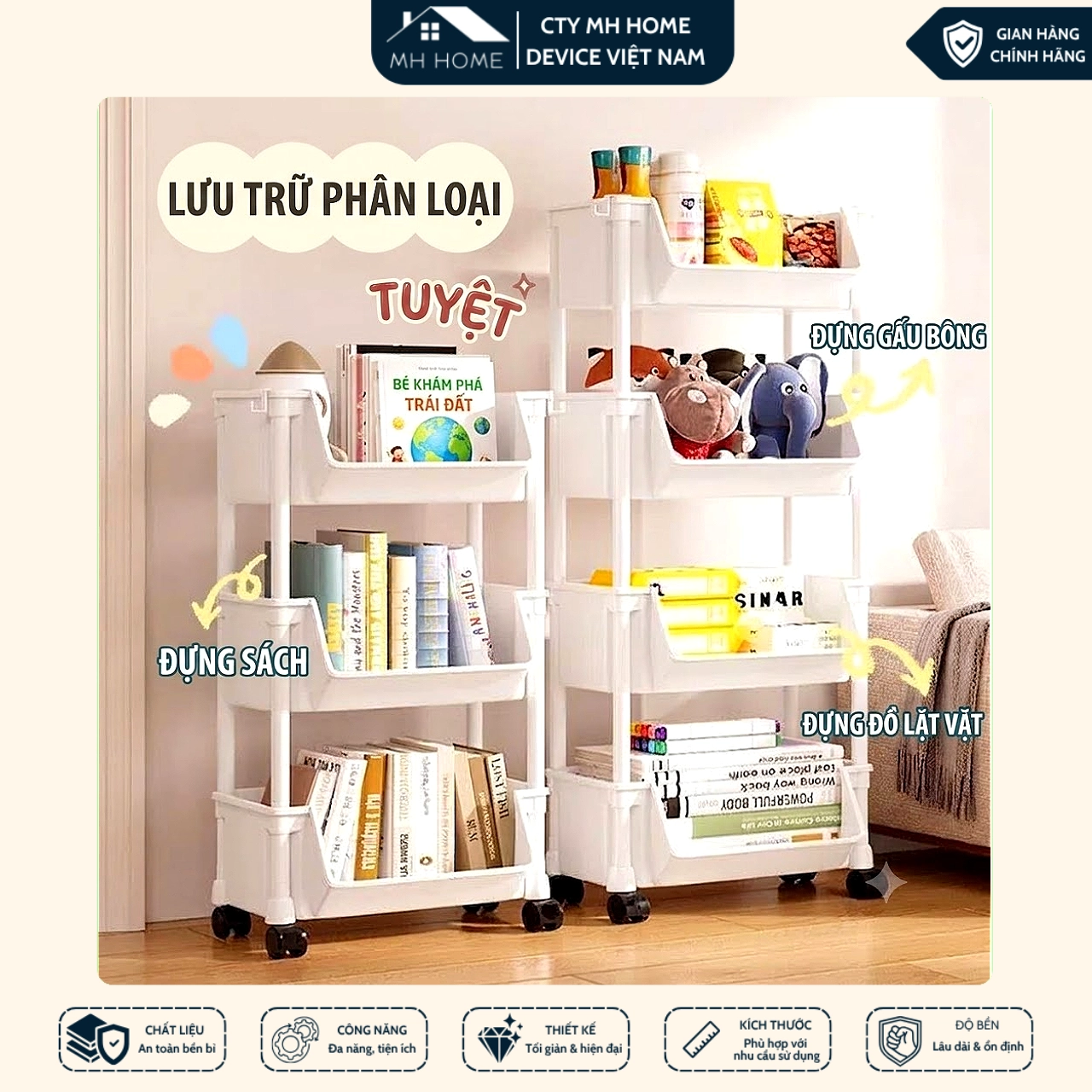 Kệ Sách Nhựa 4 Tầng Đa Năng Có Bánh Xe Khóa Tiện Lợi - Kệ Đựng Đồ Đồ Chơi Nhà Bếp Khay Rổ Thông Minh MH
